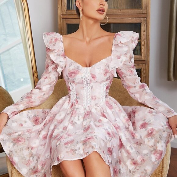 Pink Boho Womens Floral Print Sweetheart Neck Ruffle Trim Dress - Picture 3 of 5